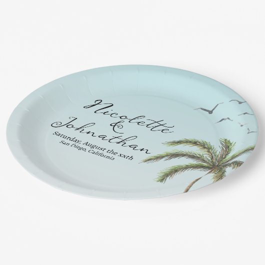 Assiettes En Carton Mariage Simple Plage Palmier et Oiseaux (Angle)