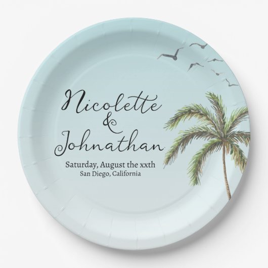 Assiettes En Carton Mariage Simple Plage Palmier et Oiseaux (Devant)
