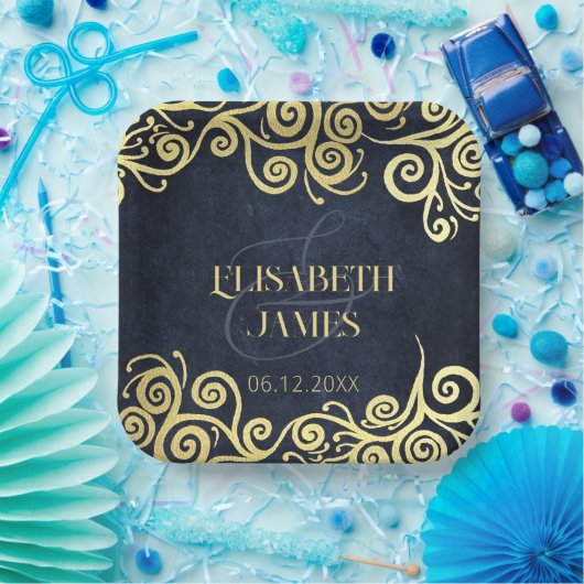 Assiettes En Carton Mariage Sophistiqué  Blue Gold Swirls (Fête)