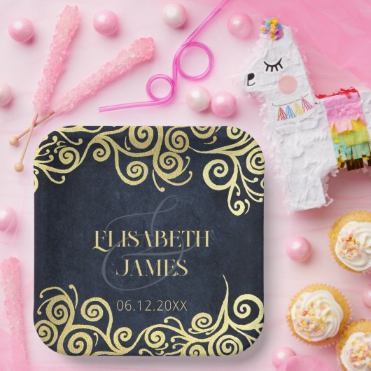 Assiettes En Carton Mariage Sophistiqué Blue Gold Swirls (Fête)