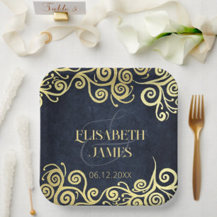 Assiettes En Carton Mariage Sophistiqué  Blue Gold Swirls
