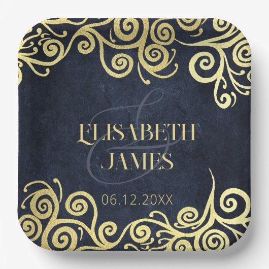 Assiettes En Carton Mariage Sophistiqué  Blue Gold Swirls (Recto)