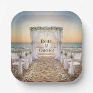 Assiettes En Carton Mariage sur la plage au coucher du soleil avec une