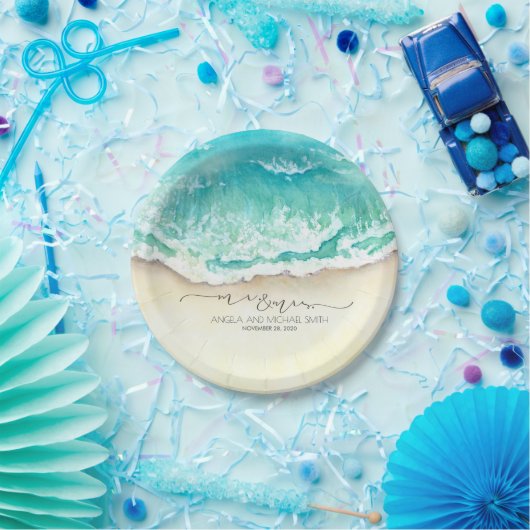 Assiettes En Carton Mariage tropical de plage M et Mme (Fête)