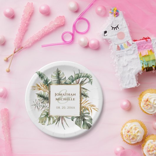 Assiettes En Carton Mariage Tropical Elegant Green Palms Gold Frame (Fête)