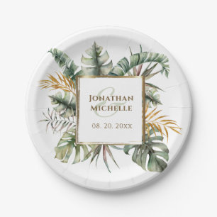 Assiettes En Carton Mariage Tropical Elegant Green Palms Gold Frame