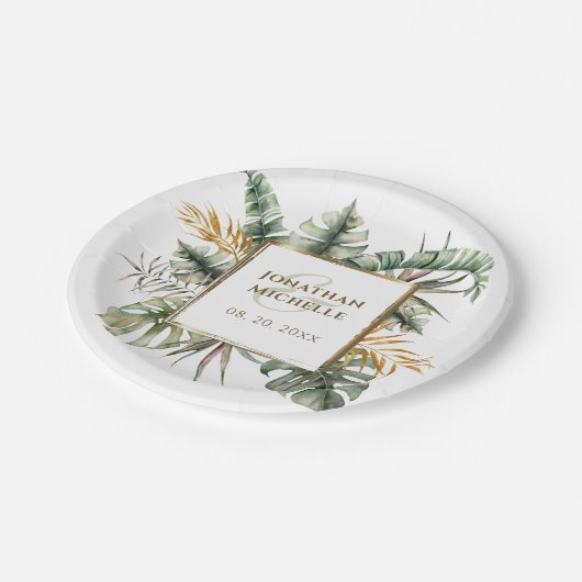 Assiettes En Carton Mariage Tropical Elegant Green Palms Gold Frame (Angle)