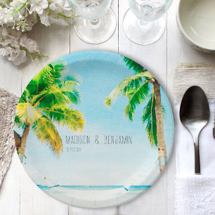 Assiettes En Carton Mariage Tropical Rétro de la Côte avec Palmiers de