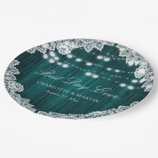 Assiettes En Carton Mariage turquoise de dentelle en bois rustique (Angle)