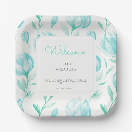 Assiettes En Carton Mariage turquoise Peonies Bienvenue (Recto)