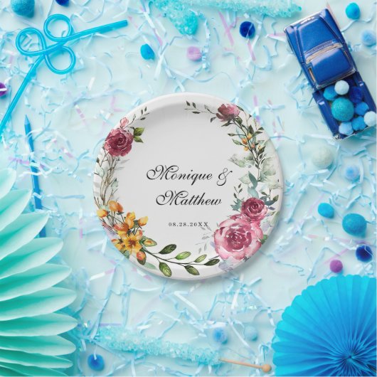 Assiettes En Carton Mariage végétal rose et bourguignon (Fête)