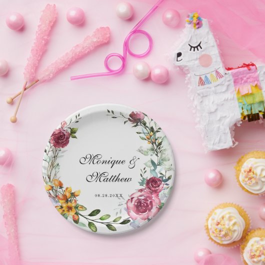 Assiettes En Carton Mariage végétal rose et bourguignon (Fête)