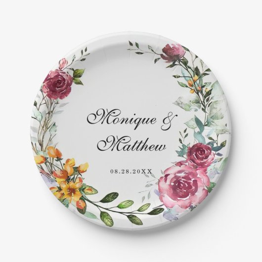 Assiettes En Carton Mariage végétal rose et bourguignon (Devant)