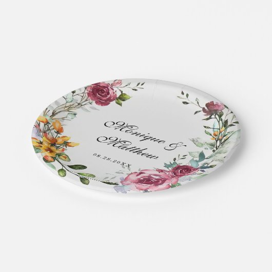 Assiettes En Carton Mariage végétal rose et bourguignon (Angle)