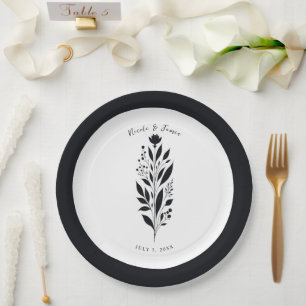 Assiettes En Carton Mariage Vintage Moderne Fleurs Hautes Noir & Blanc