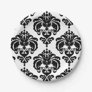 Assiettes En Carton Mariage Vintage Noir & Blanc à motifs de Damas Evé