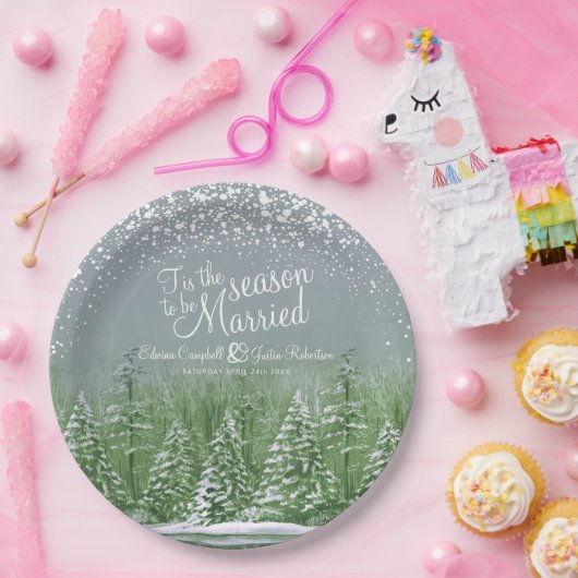 Assiettes En Carton Mariages d'hiver pins lac vert gris art (Fête)