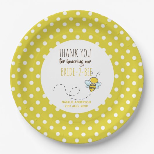 Assiettes En Carton Mariée 2 BEE jolie Fête des mariées Polkadot Jaune (Devant)