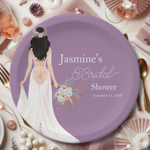 Assiettes En Carton Mariée Bohème aux Cheveux Noirs avec Fleurs