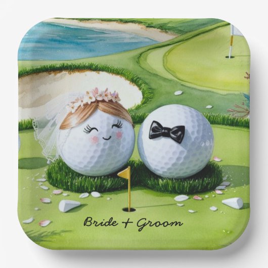 Assiettes En Carton Mariée de golf et marié avec golf balle tee Mariag (Recto)