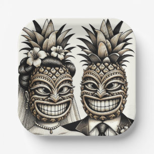 Assiettes En Carton Mariée et marié Aloha Tête de Tiki d'ananas Mariag