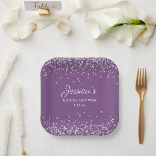 Assiettes En Carton Mariée Paillettes Argent Violet Fête de Mariage