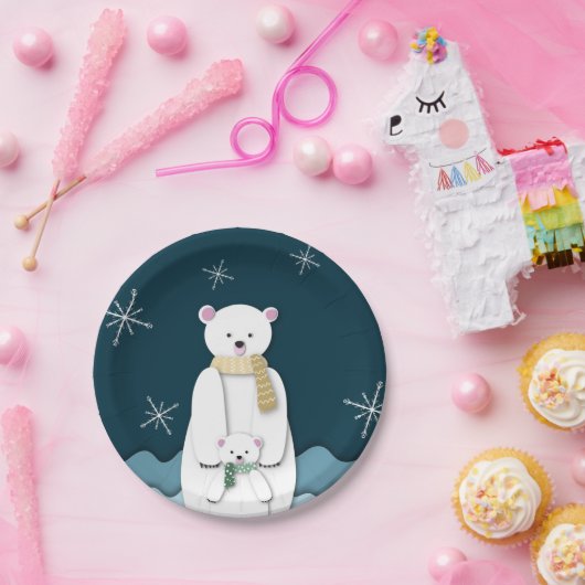 Assiettes En Carton Marine Bleu blanc Polar Ours maman avec Bébé Party (Fête)