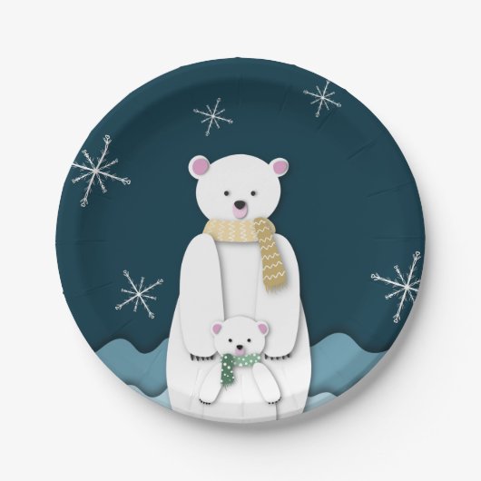 Assiettes En Carton Marine Bleu blanc Polar Ours maman avec Bébé Party (Devant)