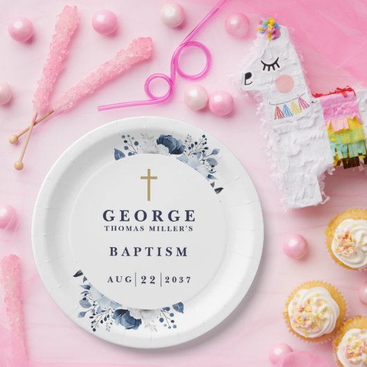 Assiettes En Carton Marine Bleu Botanique Moderne Baptême (Fête)