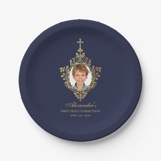 Assiettes En Carton Marine Blue First Holy Communion Boy Photo Faux Go (Devant)