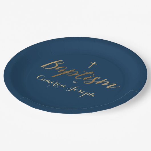 Assiettes En Carton Marine Blue Gold Cross Custom Baby boy Baptême (Angle)