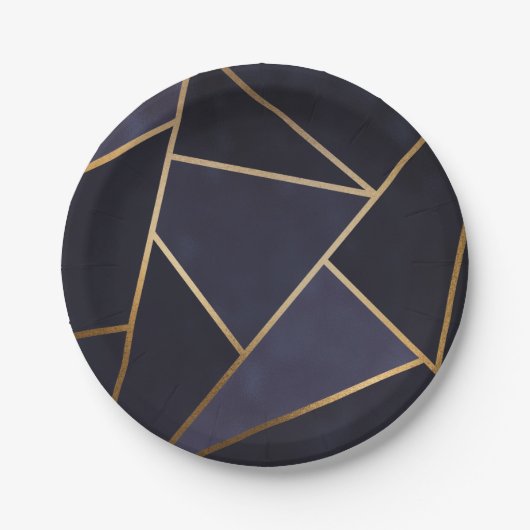 Assiettes En Carton Marine Blue Gold Triangles Géométrique Élégant Cla (Devant)