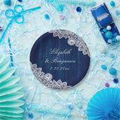 Assiettes En Carton Marine Blue Rustic Bois dentelle lumière Mariage (Fête)
