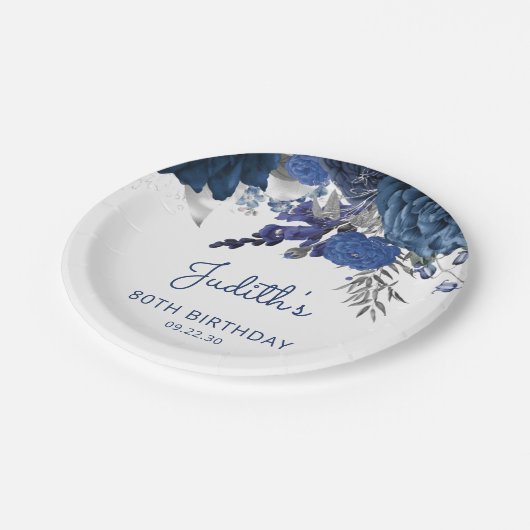 Assiettes En Carton Marine Blue Silver Floral 80e fête d'anniversaire (Angle)