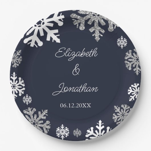 Assiettes En Carton Marine Blue Snowflakes Mariage d'hiver (Devant)