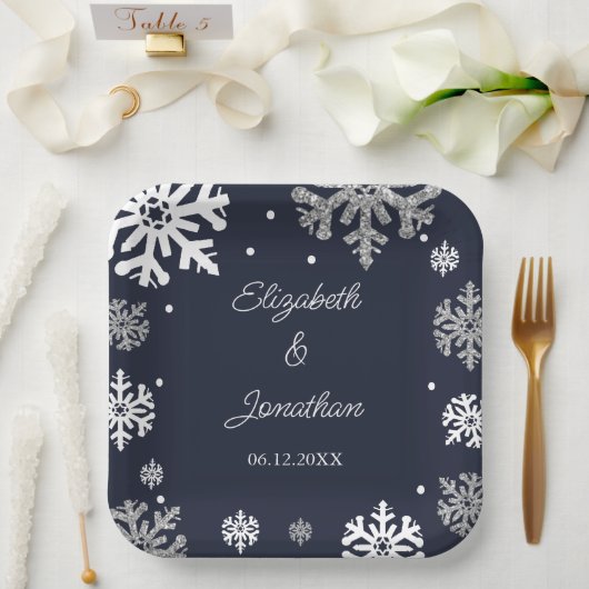 Assiettes En Carton Marine Blue Snowflakes Mariage d'hiver (Mariage)