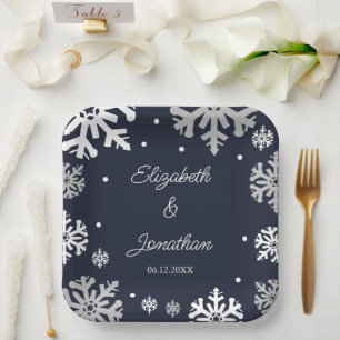 Assiettes En Carton Marine Blue Snowflakes Mariage d'hiver