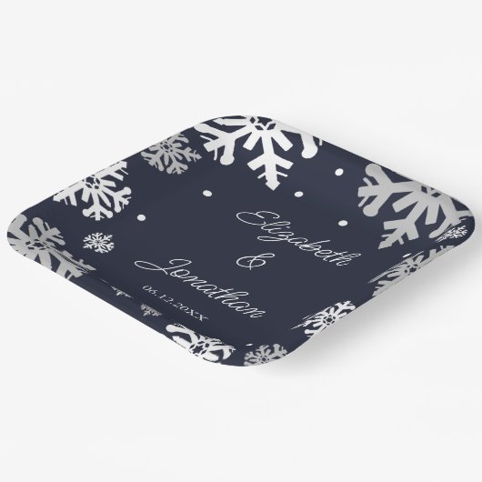 Assiettes En Carton Marine Blue Snowflakes Mariage d'hiver (Angulaire)