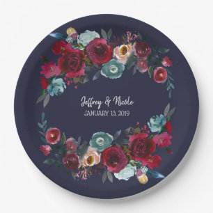 Assiettes En Carton Marine Burgundy Merlot Floral Mariage Dîner