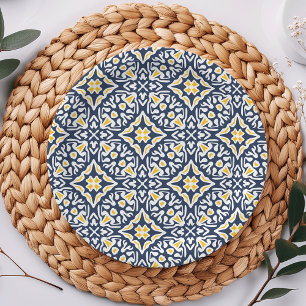 Assiettes En Carton Marine et Motif de tuiles méditerranéennes Jaunes