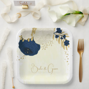 Assiettes En Carton Marine romantique & fleurs blanches or