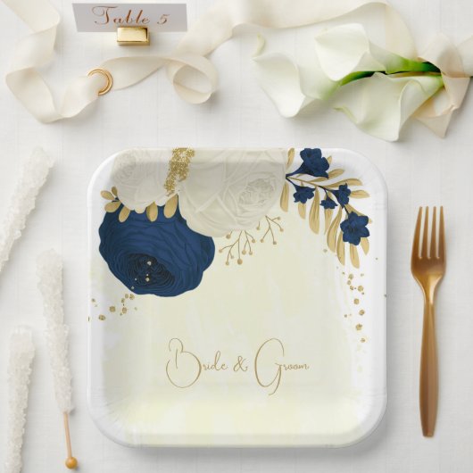 Assiettes En Carton Marine romantique & fleurs blanches or (Mariage)