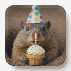 Assiettes En Carton Marmotte d'anniversaire avec un Cupcake