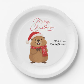 Assiettes En Carton Marmotte de Noël mignonne avec chapeau de Père Noë