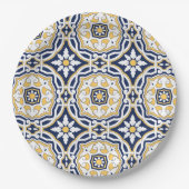 Assiettes En Carton Marocain bleu vif jaune complexe géométrique (Devant)