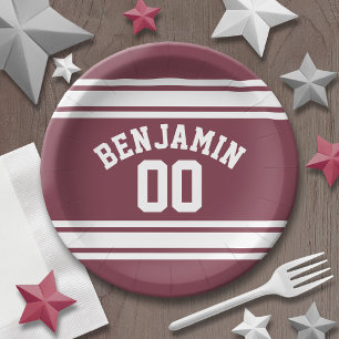 Assiettes En Carton Maroon and White Jersey Stripes Nom personnalisé N
