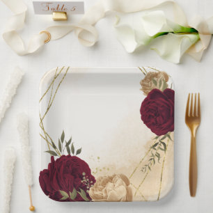 Assiettes En Carton Maroon vert beige or botanique mariage