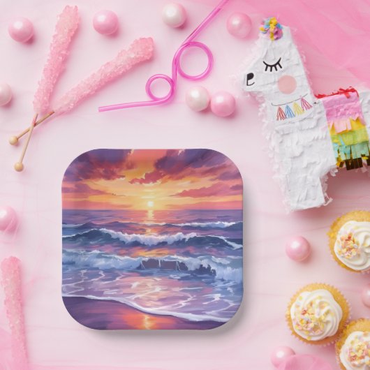 Assiettes En Carton Marque violette | Violet Sunset Ocean Waves Peint (Fête)
