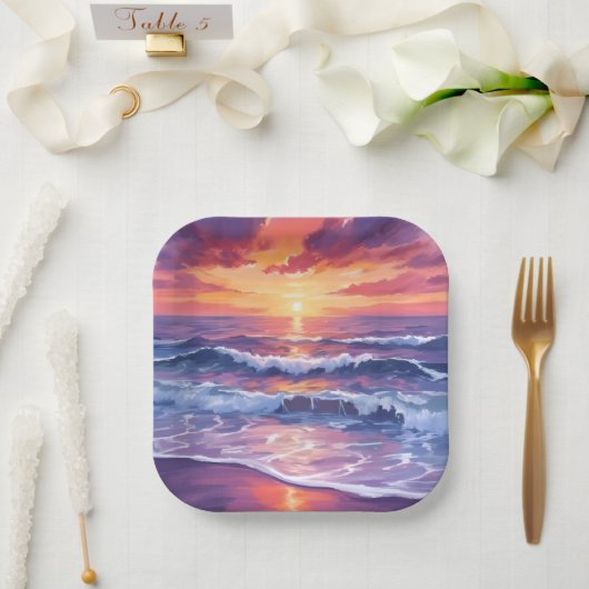 Assiettes En Carton Marque violette | Violet Sunset Ocean Waves Peint (Mariage)