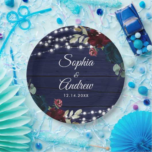 Assiettes En Carton Marsala en bois rustique & Fleurs bleues de marine (Fête)